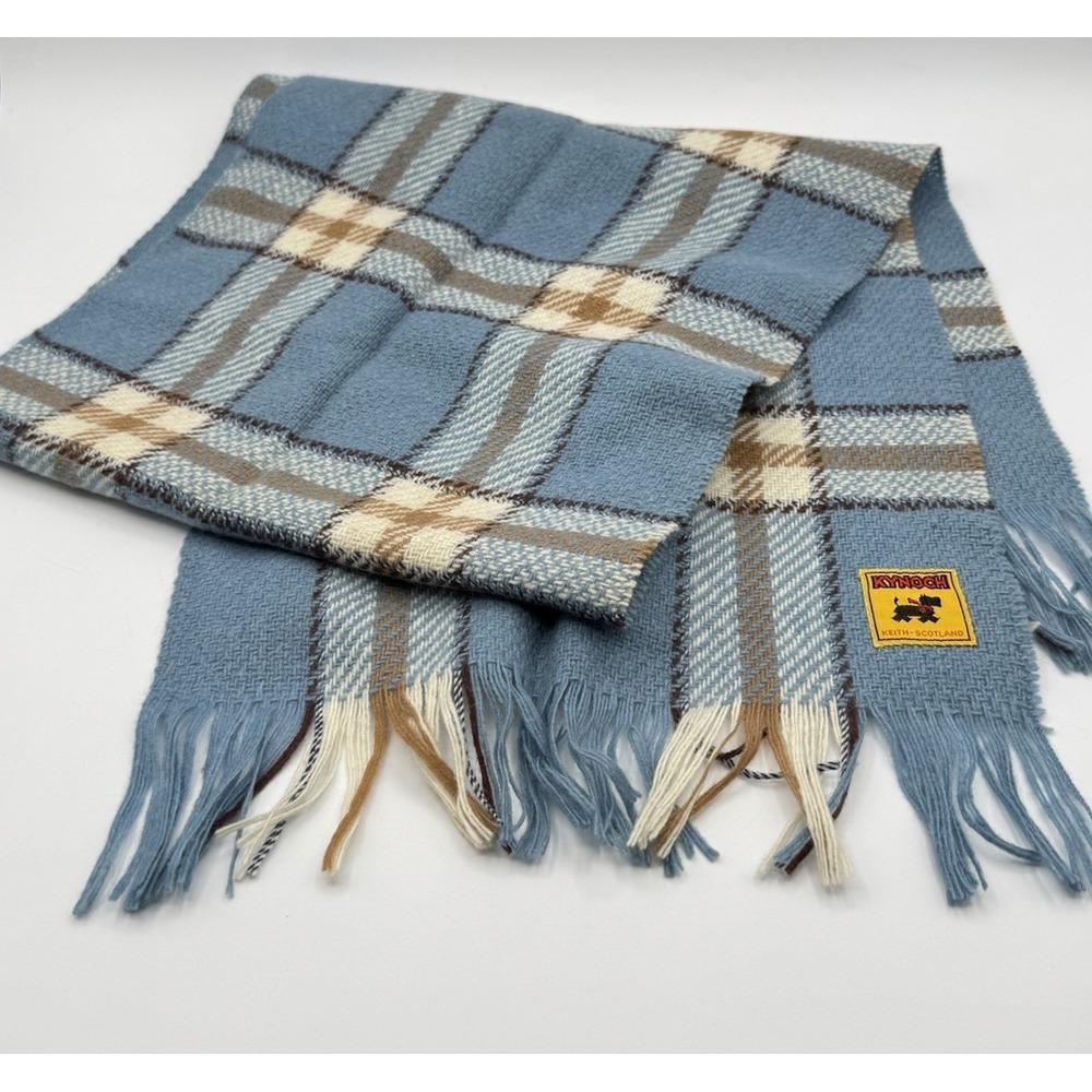 Kynoch Mens Women Scotland Scarf Blue Fringed Plaid Tartain 48"x11" Unisex